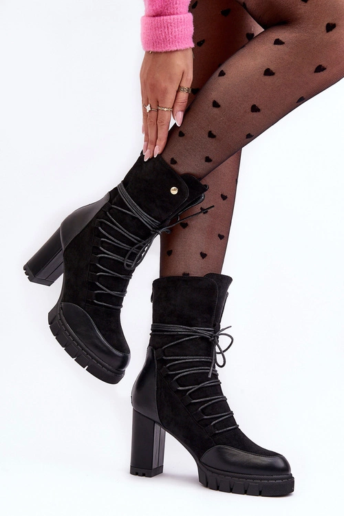 Damskie Botki Na Słupku Z Wiązaniem Czarne Artie