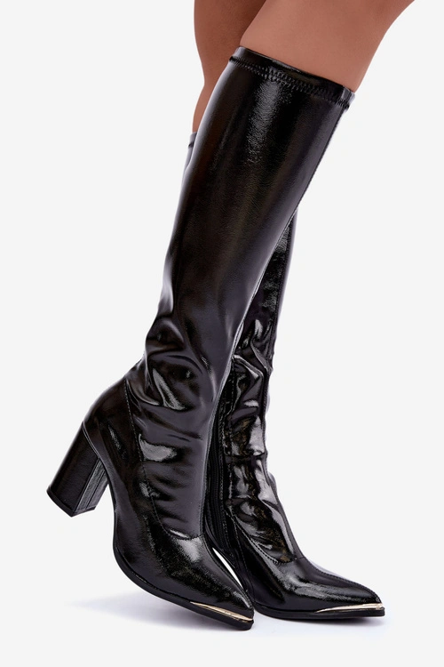 Kozaki Na Słupku Lakierowane Na Zamek Czarne Isetta