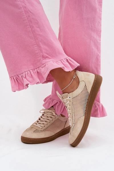 Skórzane Zamszowe Sneakersy Damskie Z Siateczką Zazoo N1142 Beżowe