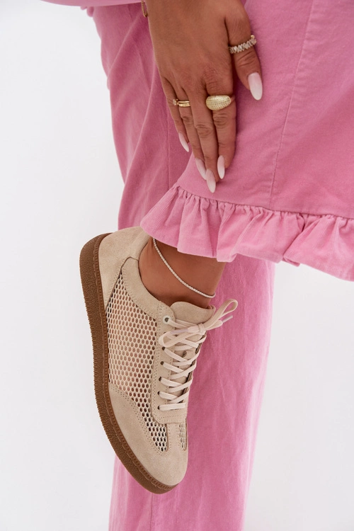 Skórzane Zamszowe Sneakersy Damskie Z Siateczką Zazoo N1142 Beżowe
