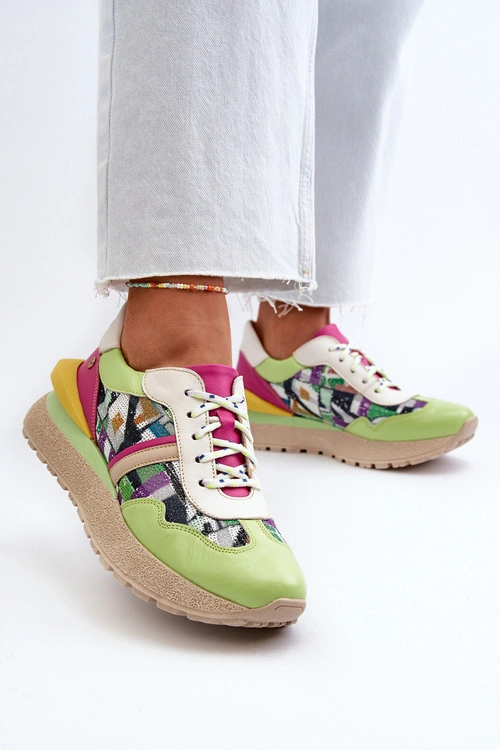 Sneakersy Damskie Skórzane Na Platformie Maciejka 06322-09 Zielono-Różowe