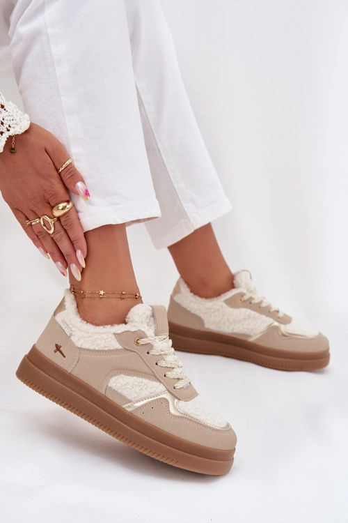Sneakersy Damskie Na Platformie Z Futerkiem Typu Baranek Beżowe Frelina