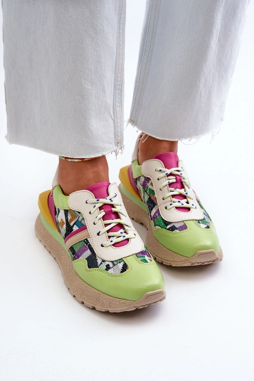 Sneakersy Damskie Skórzane Na Platformie Maciejka 06322-09 Zielono-Różowe