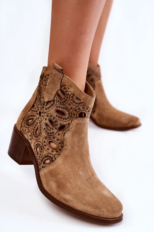 Ażurowe Botki Zamszowe Lewski Shoes 3170/2 Beżowe