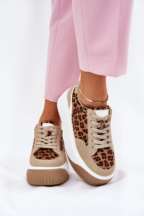 Sneakersy Damskie Na Masywnej Platformie Panterka Beżowe Tamorniel