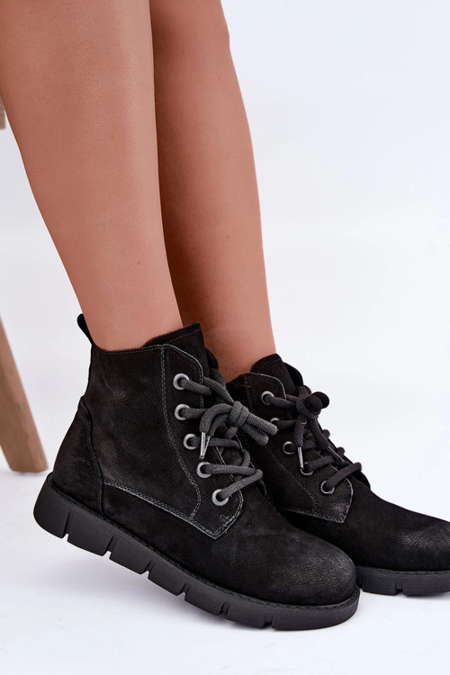 Skórzane Sznurowane Botki Damskie Ocieplane Vinceza 67040 Czarne