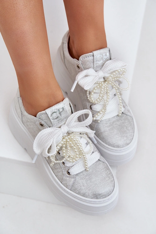 Skórzane Sneakersy Na Platformie CheBello 4658 Srebrne