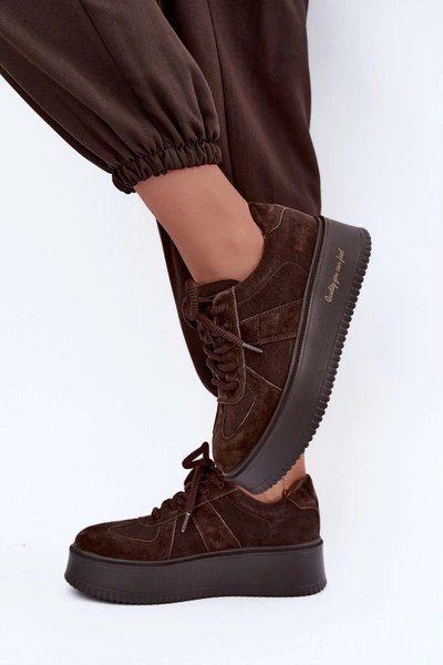 Skórzane Zamszowe Sneakersy Damskie Na Platformie Lee Cooper LCJ-26-01-4644 Czekoladowe