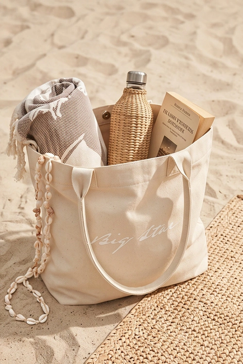 Materiałowa Torba Shopper Big Star RR574237 Jasnobeżowa