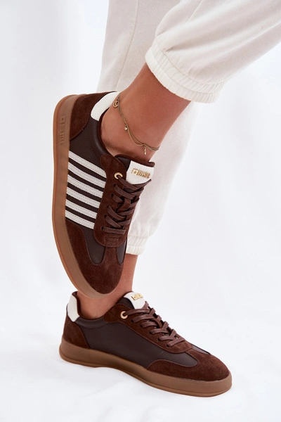 Sneakersy Damskie Z Naturalnej Skóry I Zamszu Big Star TT274715 Czekoladowe