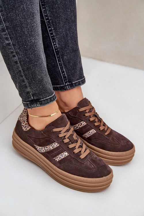 Zazoo N1176 Zamszowe Sneakersy Na Platformie Panterka Czekoladowe