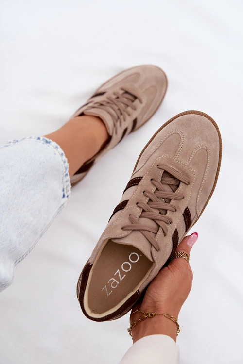 Skórzane Zamszowe Sneakersy Damskie Zazoo N1176S2 Ciemnobeżowe