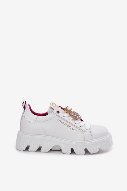Skórzane Sneakersy Z Ozdobną Broszką Ananas CheBello 4651 Białe