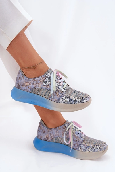 Skórzane Półbuty Sneakersy Damskie Na Platformie Maciejka 06776A-06 Niebieskie