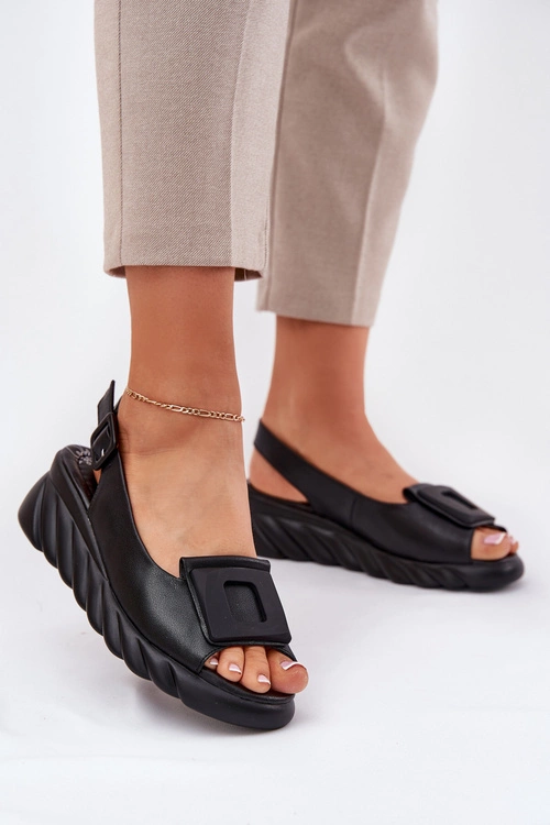 Skórzane Sandały Damskie Na Koturnie z Ozdobą Artiker 56C2156 Czarne