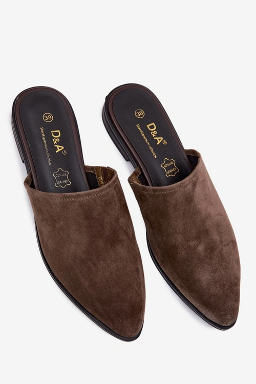 Skórzane Zamszowe Klapki Mule Damskie Płaskie D&A JC61-1004 Khaki