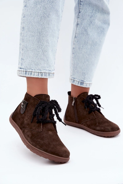 Skórzane Zamszowe Półbuty Barefoot Damskie Czekoladowe Abera