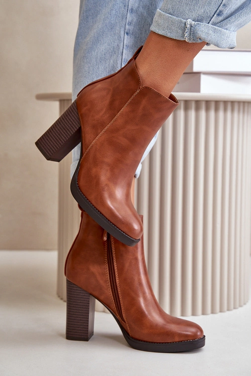 Ocieplane Botki Damskie Na Słupku Eko Skórzane Brązowe Teresine