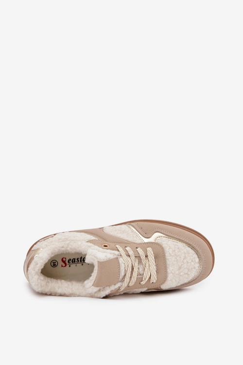 Sneakersy Damskie Na Platformie Z Futerkiem Typu Baranek Beżowe Frelina