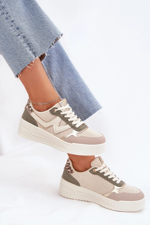Sneakersy Damskie Na Platformie Panterka Beżowe Kelsia