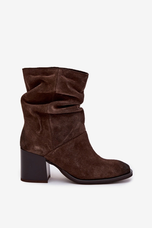 Skórzane Zamszowe Botki Z Marszczeniem Na Słupku Zazoo 1127 Czekoladowe