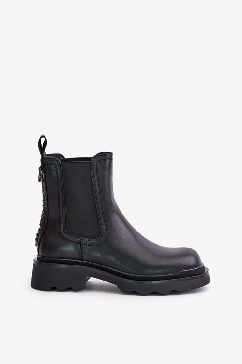 Skórzane Botki Sztyblety Z Ozdobnym Łańcuchem Ocieplane D&A JC42-86 Czarne