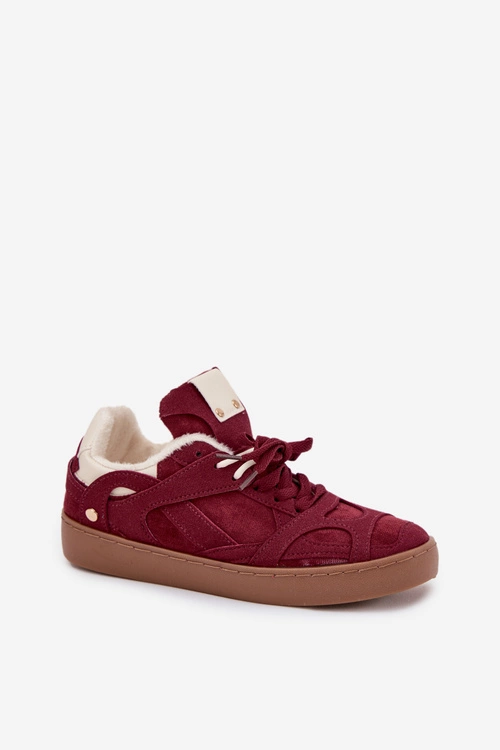 Sneakersy Damskie Na Platformie Ocieplane Futerkiem Bordowe Solvia