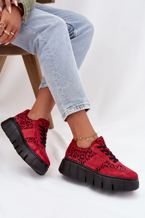 Zamszowe Ocieplane Sneakersy Damskie Na Masywnej Platformie Vinceza 66841 Panterka Czerwone