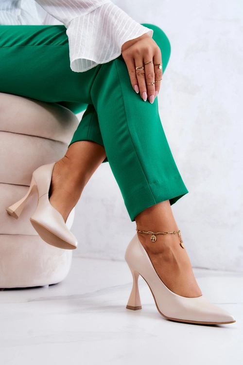 Modne Skórzane Czółenka Lewski Shoes 3181 Beżowe