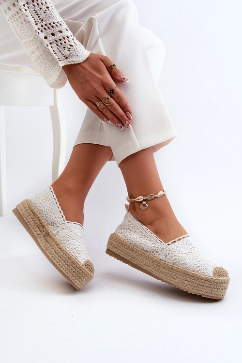 Espadryle Damskie Koronkowe Na Platformie Białe Elarose