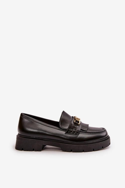 Eko Skórzane Mokasyny Damskie Ze Złotą Ozdobą Czarne Zanita
