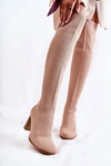 Prążkowane Klasyczne Kozaki Na Obcasie Beżowe Laossi