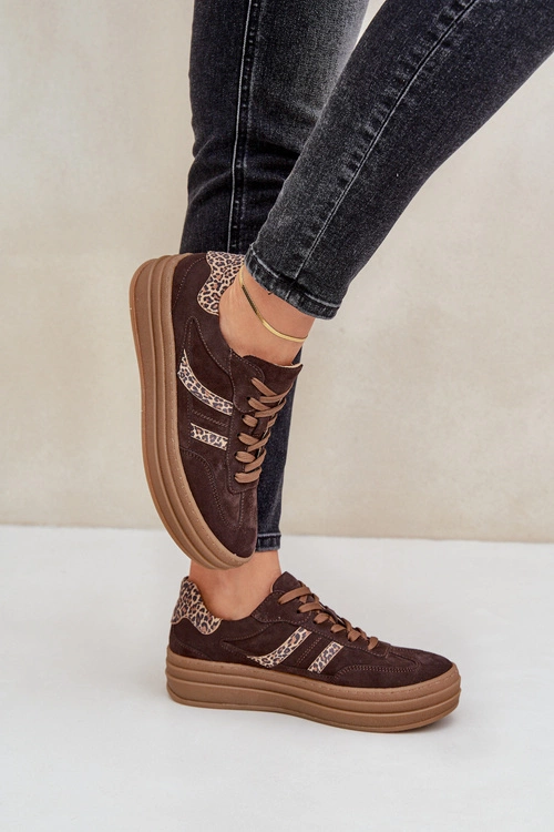 Zazoo N1176 Zamszowe Sneakersy Na Platformie Panterka Czekoladowe