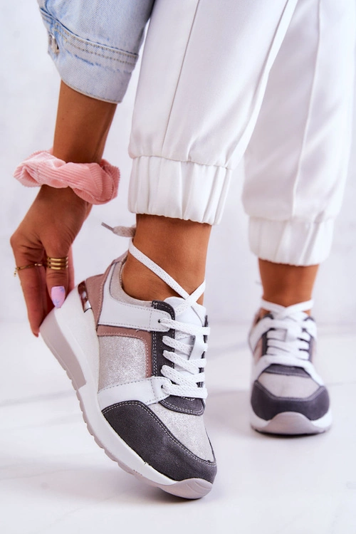 Skórzane Buty Sportowe Sneakersy Na Koturnie Srebrno-Szare Elissa
