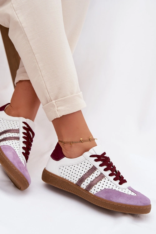 Skórzane Ażurowe Sneakersy Damskie Zazoo N1318 Biało-Fioletowe