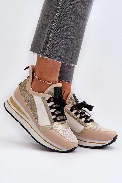 Damskie Sneakersy Na Koturnie I Platformie Z Brokatem Złote Rafani