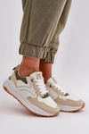 Sneakersy Damskie Na Platformie Z Eko Skóry Beżowo-Zielone Issatta 