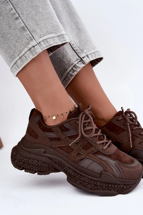 Sneakersy Damskie Ze Zdobieniem Czekoladowe Amselle