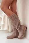 Ażurowe Kozaki Damskie Na Niskim Obcasie Eko Zamszowe Zapinane Na Zamek Beżowe Orchides 