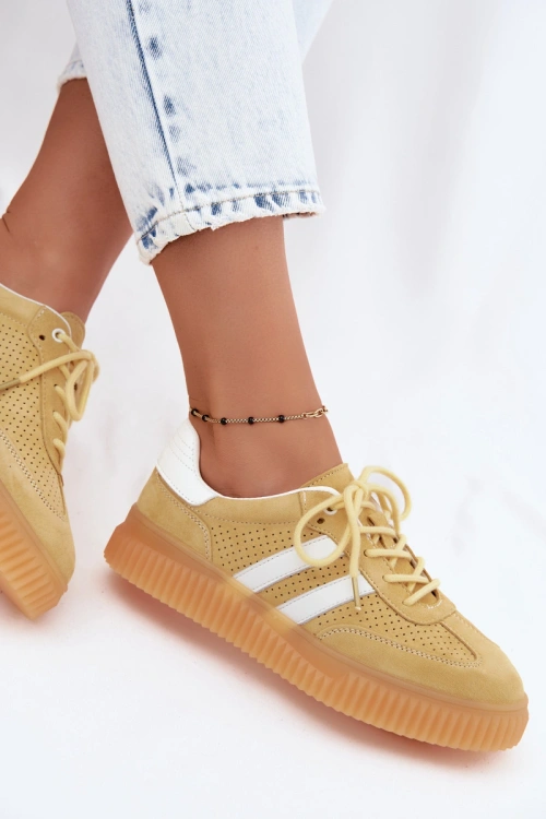 Skórzane Zamszowe Sneakersy Damskie Na Platformie Żółte Artelle