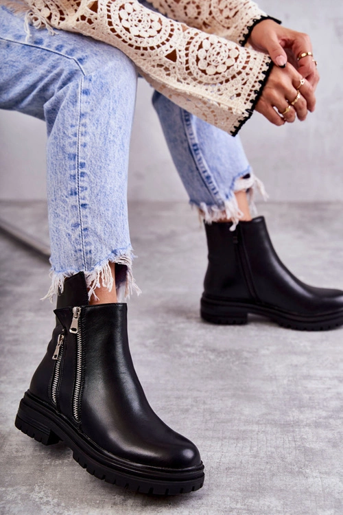 Damskie Skórzane Botki Na Suwak Czarne Navarra