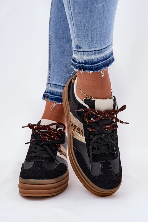 Sneakersy Damskie Na Platformie Z Podwójnym Sznurowaniem Panterka Czarne Niteria