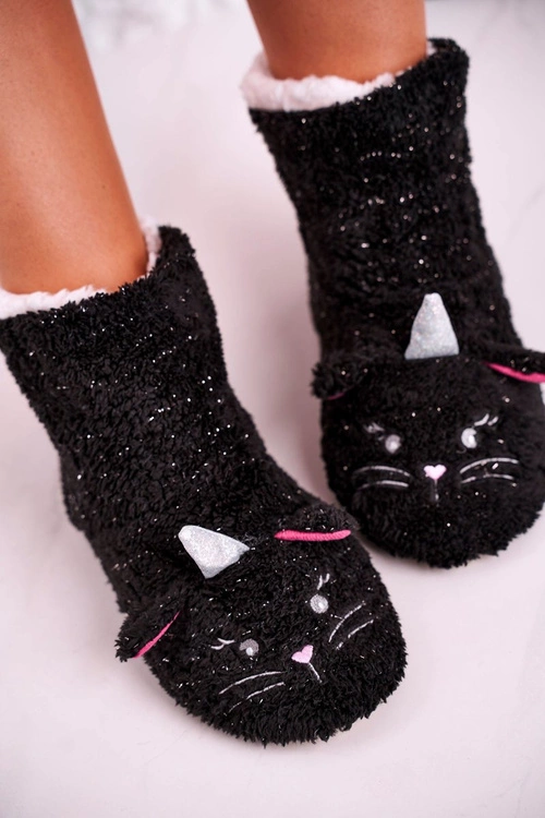 Damskie Papcie Ocieplane Kożuszkiem Czarne Nyan Cat