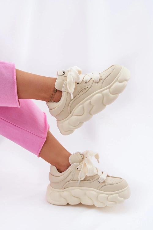 Skórzane Sneakersy Damskie Na Masywnej Platformie GOE RR2N4043 Beżowe