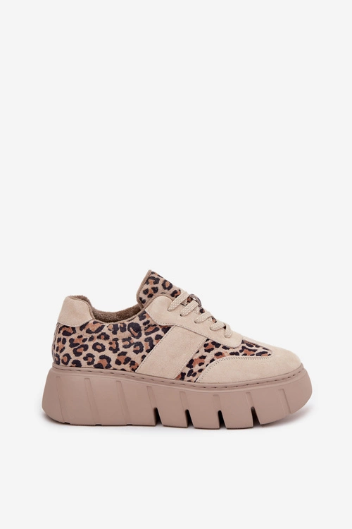Zamszowe Ocieplane Sneakersy Damskie Na Masywnej Platformie Vinceza 66841 Panterka Beżowe