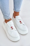 Skórzane Sneakersy Damskie Na Platformie Z Przypinką I Ozdobnym Kwiatem 89100 Białe