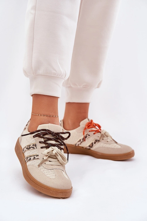 Sneakersy Damskie Z Podwójnym Sznurowaniem Panterka Beżowe Ollabes
