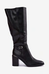 Ocieplane Kozaki Damskie Na Słupku Z Ozdobnym Paskiem Sergio Leone KZ-08 Czarne
