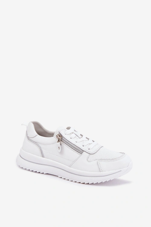 Skórzane Sneakersy Damskie Z Dekoracyjnym Zamkiem Białe Oselia
