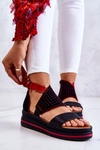Skórzane Sandały Na Koturnie Maciejka 05356-01 Czarno-Czerwone